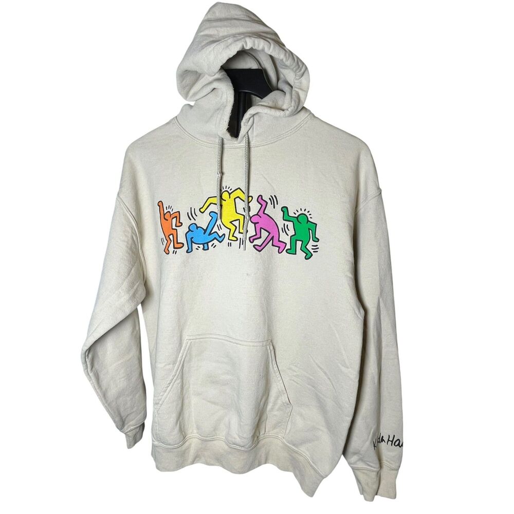 Keith Haring Hoodie Mens M Dancing Figures Pop Art Graphic Beige Pullover Street